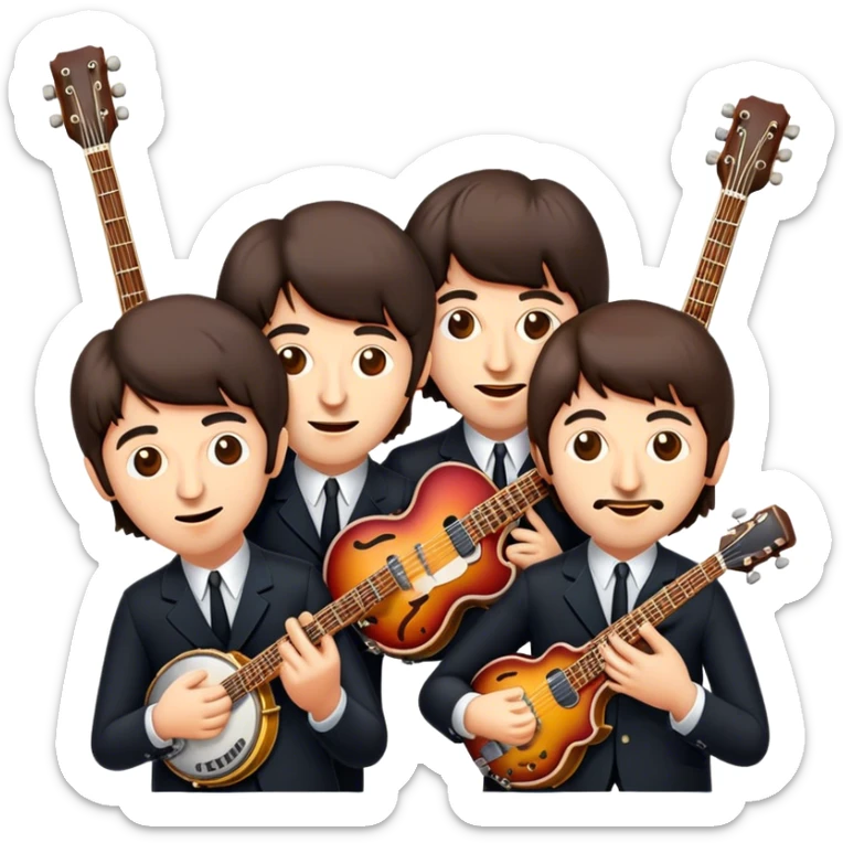 Cinematic Realistic The Beatles Group Emoji, depicted as an iconic band of four exuding playful charisma and musical genius with retro instruments and vibrant expressions, rendered with rich textures and nostalgic dynamic lighting that captures their legendary impact on pop culture. sticker