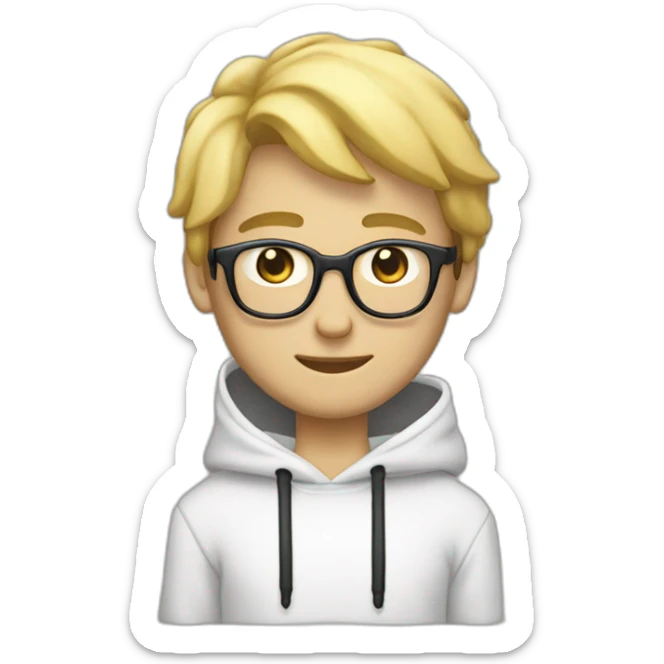 eenager with blond hair.  He is cross-eyed and wears black glasses.  He is also wearing a white hooded sweatshirt.  he has black eyes and a long face.  this guy is skinny and has a long neck sticker