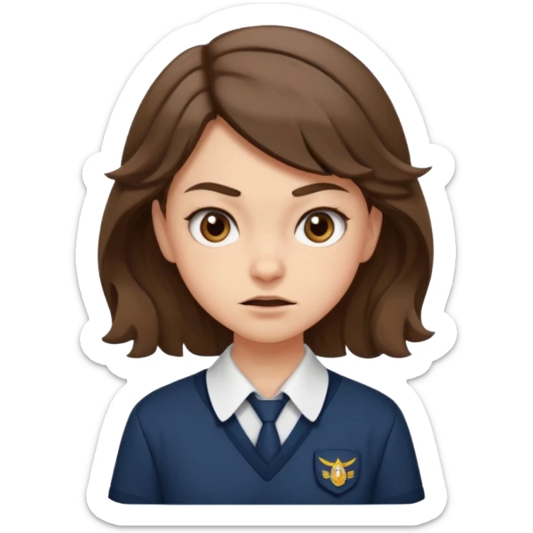 Niña adolescente con expresión maliciosa, media sonrisa torcida y ceja levantada, mirada burlona y desafiante. Pelo corto, ondulado, color castaño,  con actitud rebelde , uniforme escolar sticker