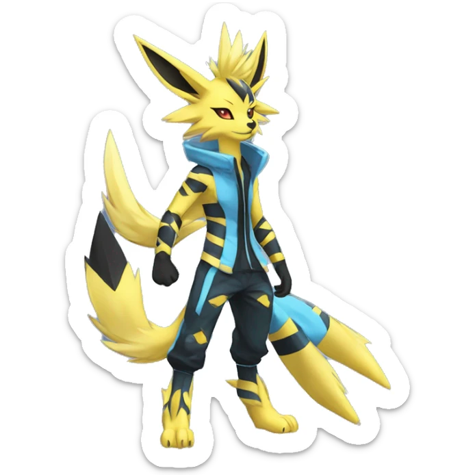 Anthro Edgy Cool Zeraora-Jolteon-Pokémon-Fakémon with shiny blue stripes Full Body Detailed High Quality sticker