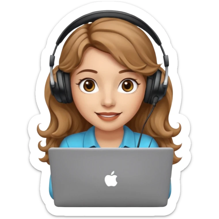 Women in front of laptop with a happy face, light brown wavy hair, light brown big eyes, light skin with a iced coffee on the side sticker