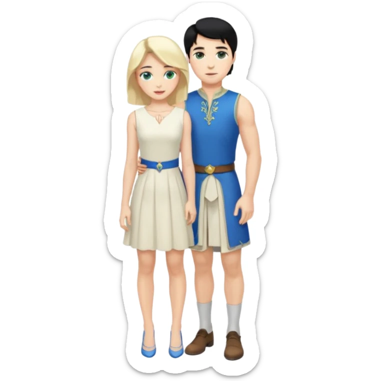 prince, standing upright, black Hair, blue eyes, garment,  woman, bending knee, white sleveless dress, blonde hair, green eyes, sticker