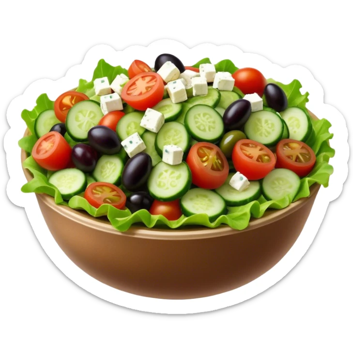 Cinematic Realistic Greek Salad Dish Emoji, depicted with crisp lettuce, tomatoes, cucumbers, olives, and feta cheese rendered with vibrant textures and fresh, natural lighting. sticker