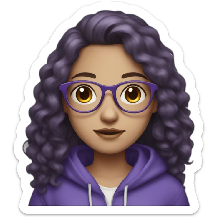 full length girl in a purple hoodie, glasses with big blue eyes and white skin and curly dark browny long hair sticker