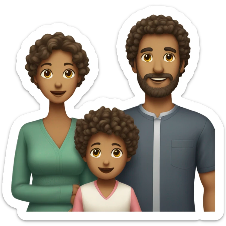 Family of three, a curly hair mom, dad with beard and baby sticker