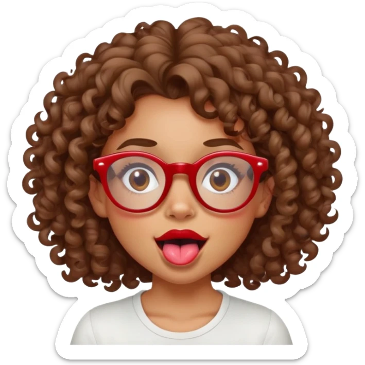 tan girl with curly brown hair and red glasses  sticking tongue out  sticker