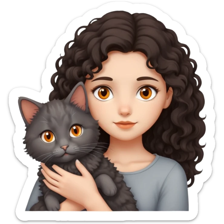 Girl with long medium curly dark brown hair holding cute grey fluffy cat with orange eyes and downturned ears sticker