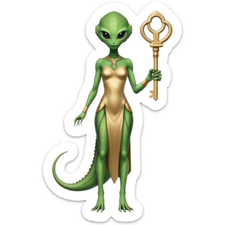 a reptilian alien woman full body, in gold dress, hold big key sticker