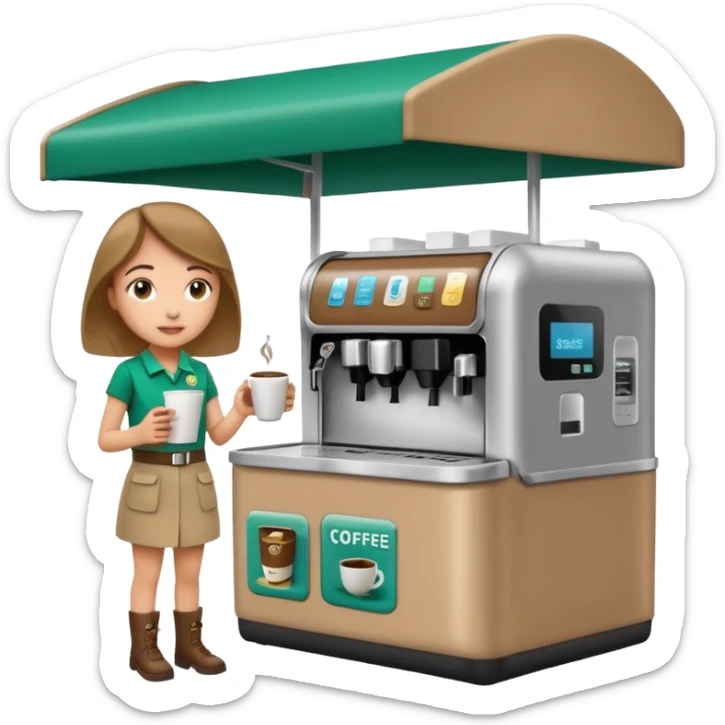 Very busy Girl Scouts selling coffee at her roped-off and covered booth stand by the side of the road with their own robotic looking coffee machine accepting all forms of payment  sticker