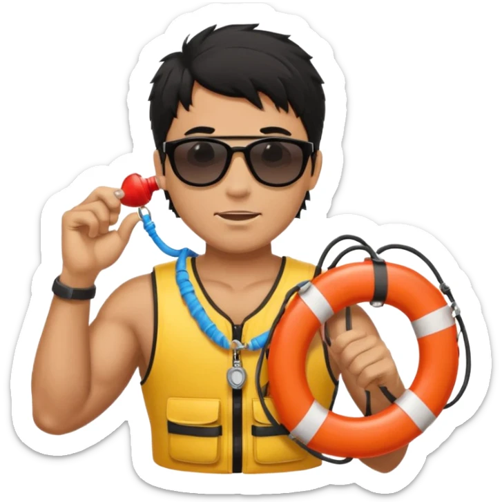 Dark Tan Muscular lifeguard without shirt with messy black hair with sunglasses, with whistle with life preserver sticker