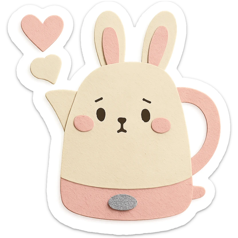 kawaii electric kettle shaped like a shy bunny, steam heart, pastel white and pink, full-body sticker
