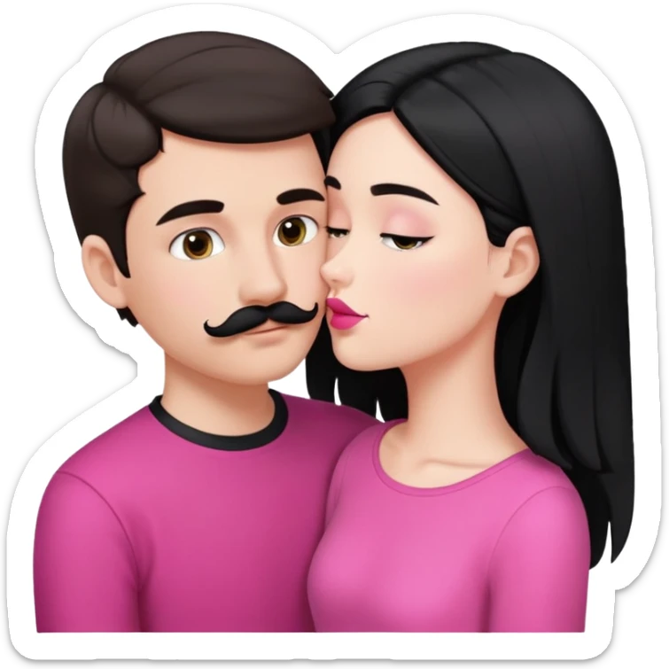 Brunette boy with short hair and black mustache wearing black clothes, kissing white girl with long black hair wearing pink clothes sticker