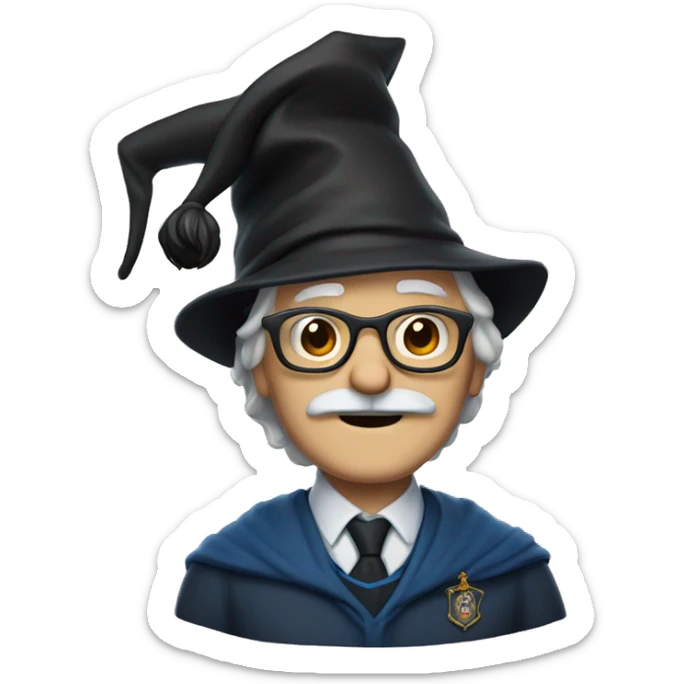 older man with white skin, black longer hair, mustache, glasses, with a magic hat, ravenclaw sticker