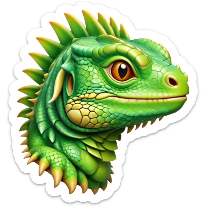 Cinematic Realistic Cute Iguana Portrait Emoji, Head tilted playfully and inquisitively, featuring a compact, agile build with a glossy, intricately scaled body in vivid green hues and a characteristically expressive face with bright, curious amber eyes, rendered in lifelike detail with natural highlights, high shine, affectionate and lively, styled with a touch of tropical whimsy, soft glowing outline, capturing the essence of a mischievous yet lovable iguana that seems poised to scurry out of the screen into your arms! sticker