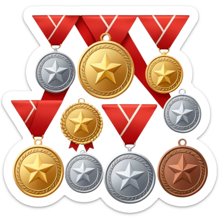 Icon for Collecting Orders, Medals & Badges: a variety of medals, orders and badges displayed on a large red pennant with fringed edges. The icon should convey the prestige and historical value of these collectibles. Transparent background. sticker