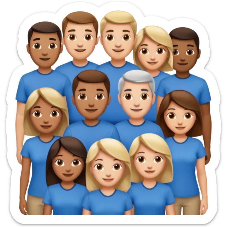 CREA UN EMOJI DE 7 PERSONAS HOMBRES Y MUJERES, CON CAMISA AZUL SOLO 7 SIETE PERSONAS sticker