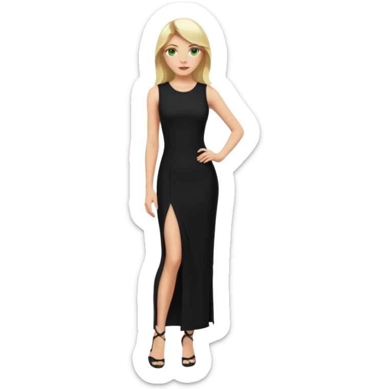 Blonde woman, Green eyes,Long black tight sleveless Dress, Slot left leg sticker