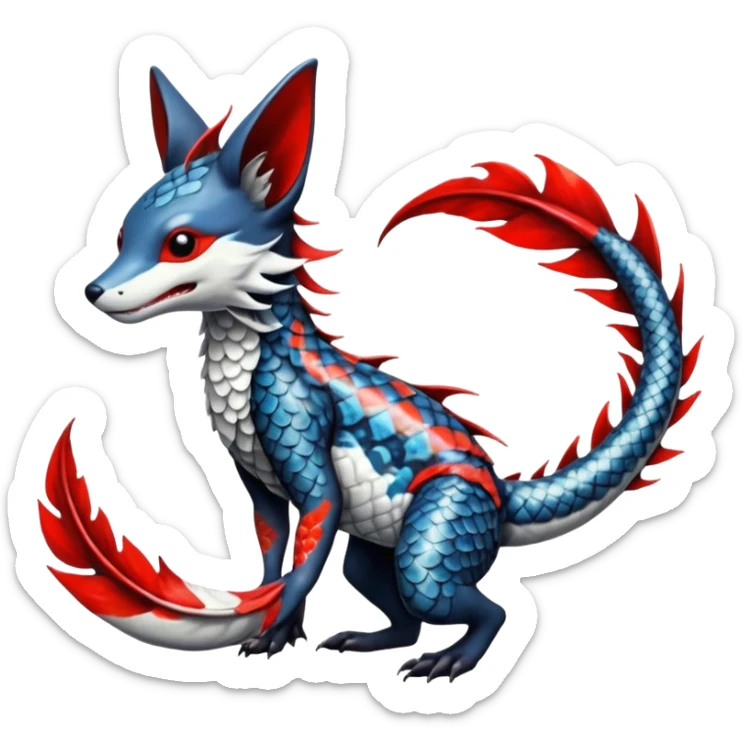 Edgy badass swimmy wet painted intricate ornate Japanese Asian koi-Sergal-Lykoi-Linoone-Electrike-Linoone-Zangoose-fusion-hybrid-animal-Fakémon-creature, full body, thin long sleek scaly tail, intricate markings sticker