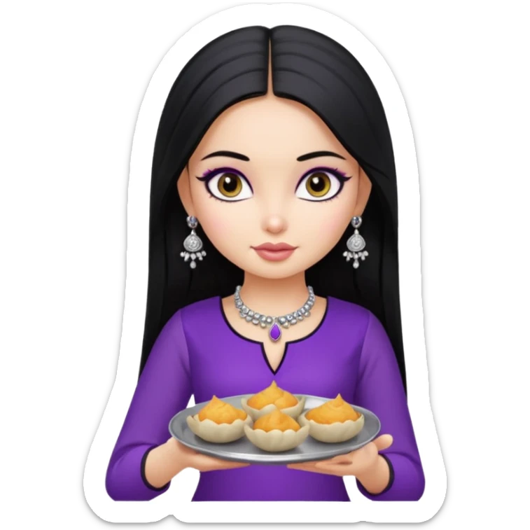 a pretty bratz girl with straight black hair, wearing a purple kurti, silver jhumkas, eyeliner, carrying a plate of momos sticker