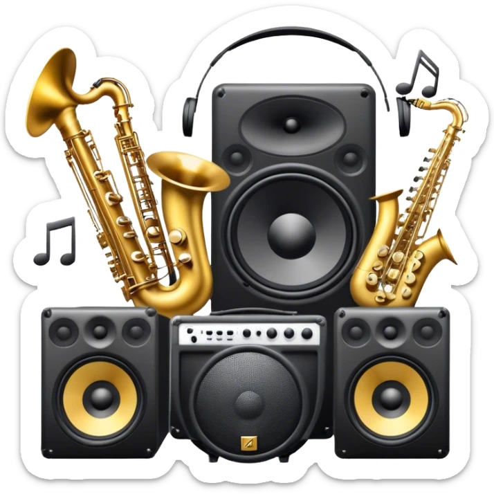 Icon for R&B Music Listening: large concert speakers and headphones with waves of musical notes coming out, along with drums, bass guitar and saxophone. The icon should convey the energetic and rhythmic vibe of R&B music. Transparent background sticker