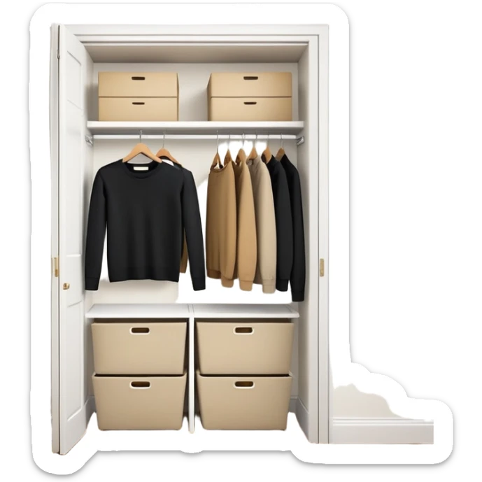 Cute closet with door ajar revealing black long sleeve shirts, sweaters, and khaki work pants hanging organized sticker