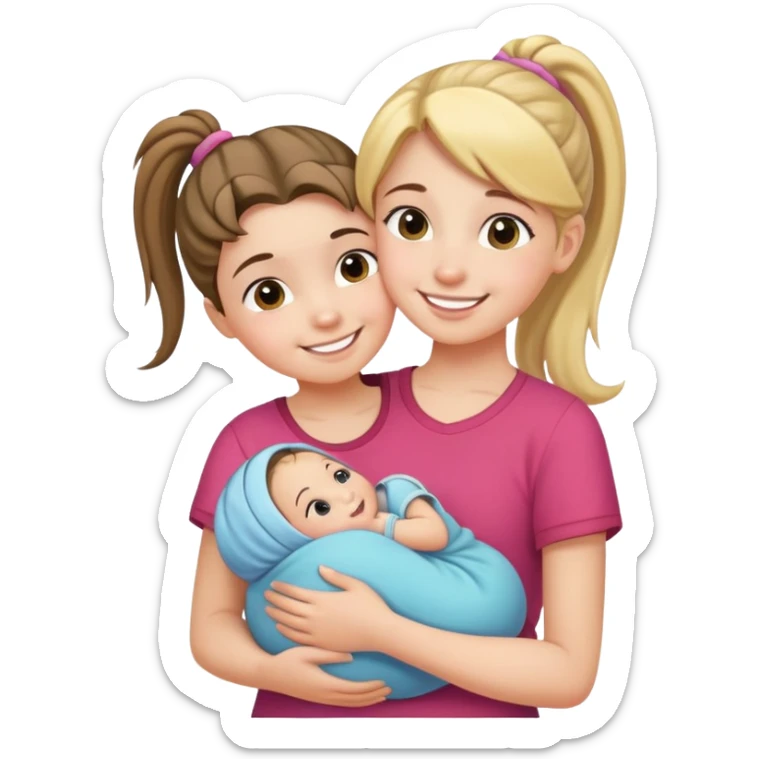 Teenage girl with ponytail embracing a baby and her little sister, loving family sticker