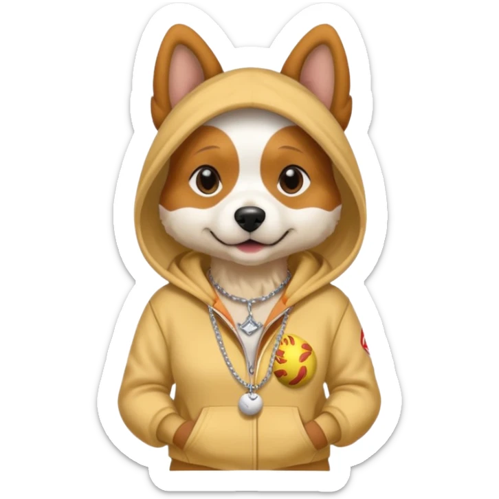 Dog wearing a softball hoodie at a park and wearing a necklace saying “chicken “ sticker