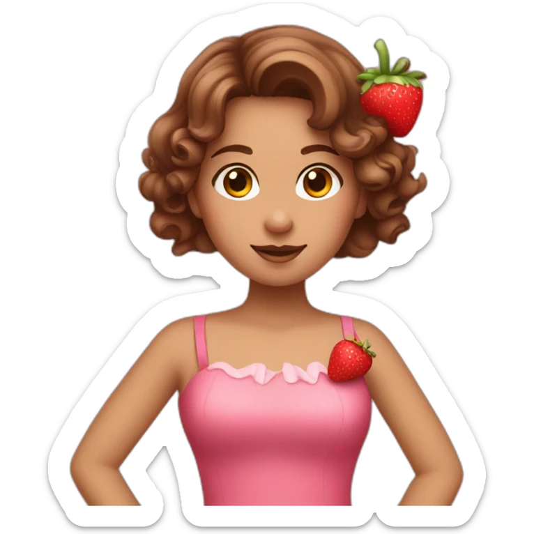 Girl with brown wavy hair and a pink dress and strawberry decorations sticker
