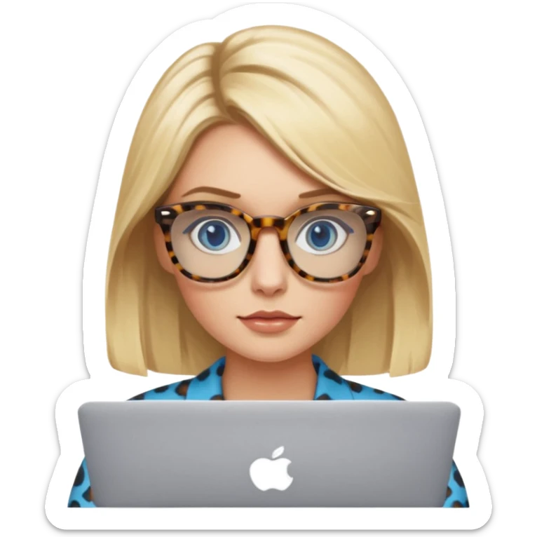  blonde hair woman blue eyes with tortoise shell print glasses on mac book  sticker