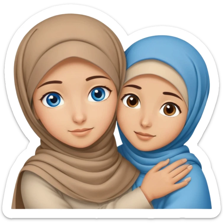 Turkish beautiful finish Konya girl blue eyes with brown beige hijab islamic dress and hugs with brother  sticker