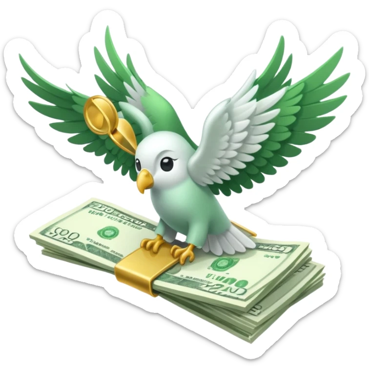 un fajo de dólares con alas volando, "que no sea un ave agarrando el fajo" quiero que el fajo de billetes tenga alas sticker