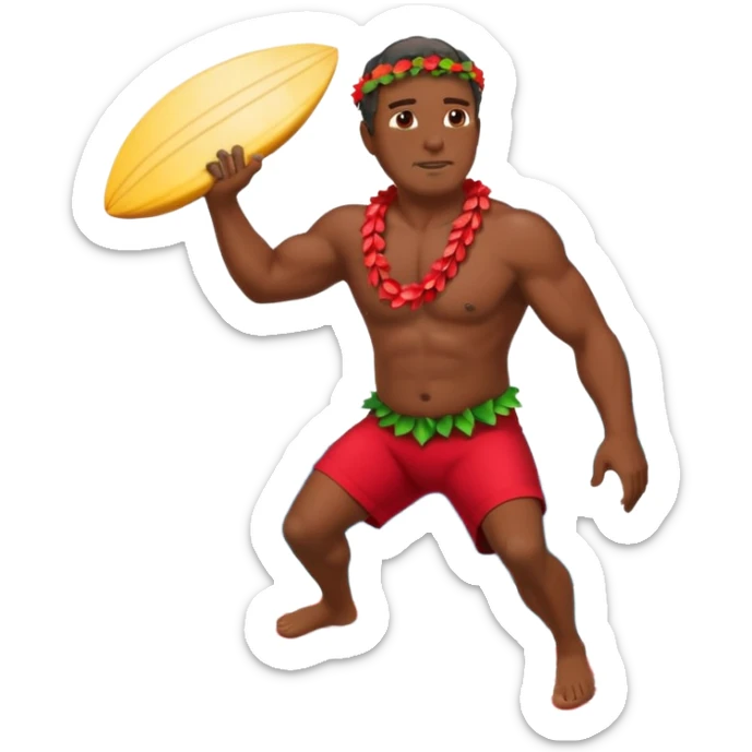 Dark Muscular 50 year old Hawaiian man with red shorts and a shell lei surfing a big wave sticker