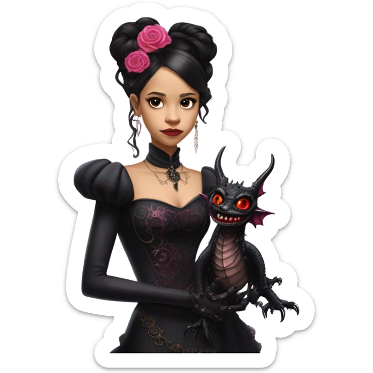 Lavish black evening gown with see-through gloves, Jenna Ortega as Addams woman wearing a steampunk mini tiara, very large blood pink evil-looking horned old dragon sticker