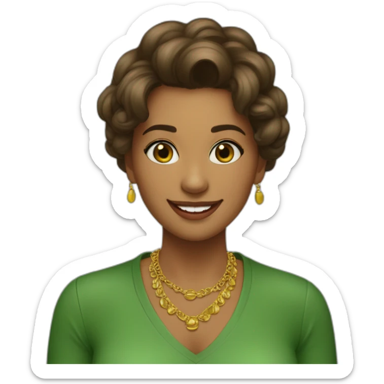 linda-chica-con-cabello-largo-y-lacio-castaño-(parte-media),-ojos-verdes,-aretes-dorados-y-una-camisa-verde.-ella sonriente sticker