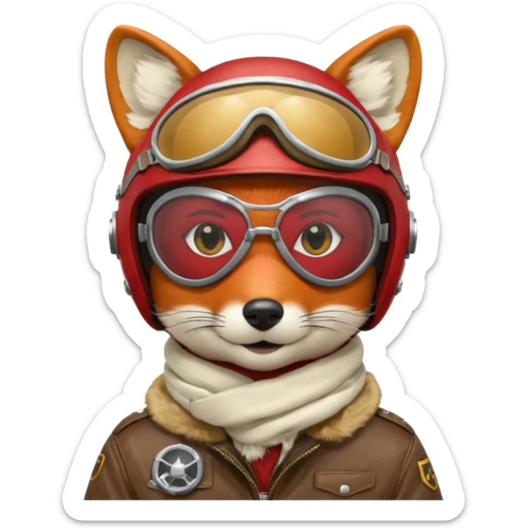 renard aviateur, casque en cuir, écharpe blanche, lunettes "climax" sur le casque au dessus des yeux, blouson aviateur, pas de double lunettes sticker