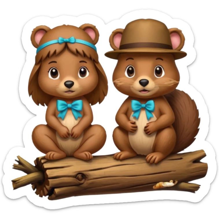 a girl beaver and a boy beaver on a log. give the girl eyelashes and a bow on top of her head sticker