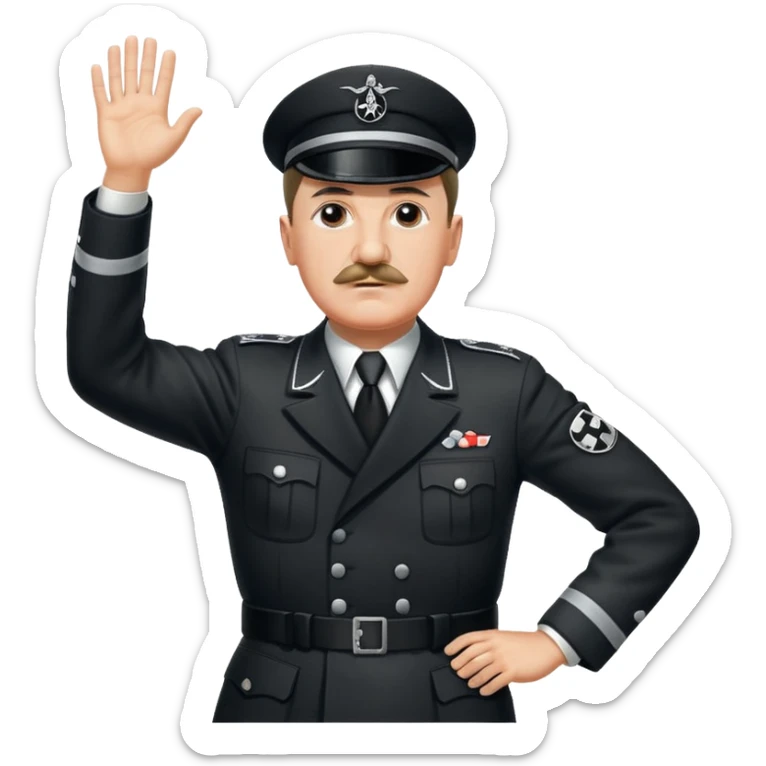 Adolf Hitler with a small mustache raising one hand straight out like a Sieg Hail salute in Black SS uniform. The arm must be straight out with no bend in the elbow sticker