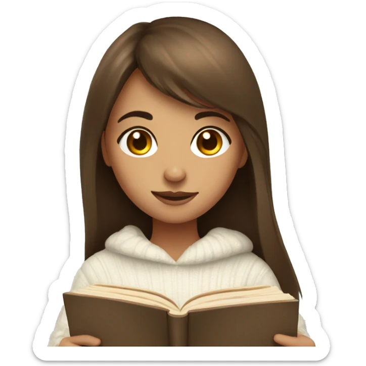 Girl with brown long hair and bangs with a cozy white sweater reading a book sticker