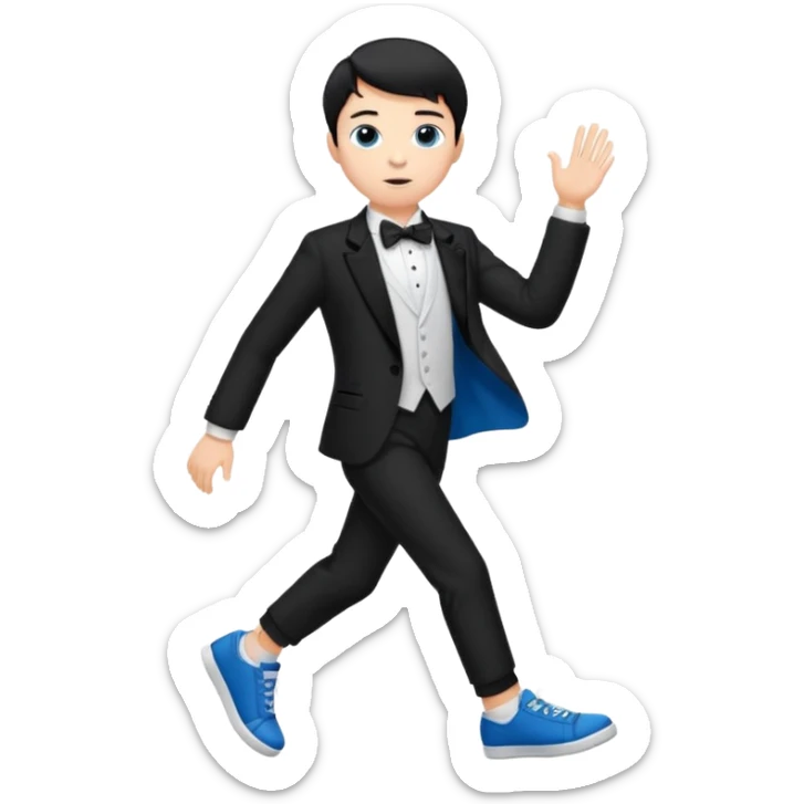 generate a pretty bratz fair skinned boy with short black hair wearing a black tux with blue sneakers sticker
