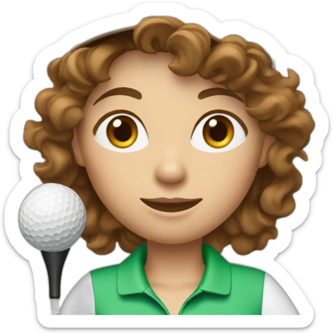 female with brown wavy hair dressed in golfwear with golf club and golf ball sticker