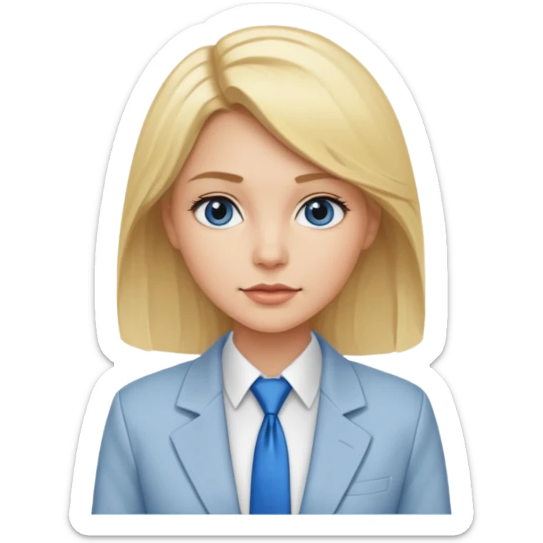 une femme blonde jolie avec des jolies traits avec une chemise blanche et une veste a manche longues et cravate bleu sticker