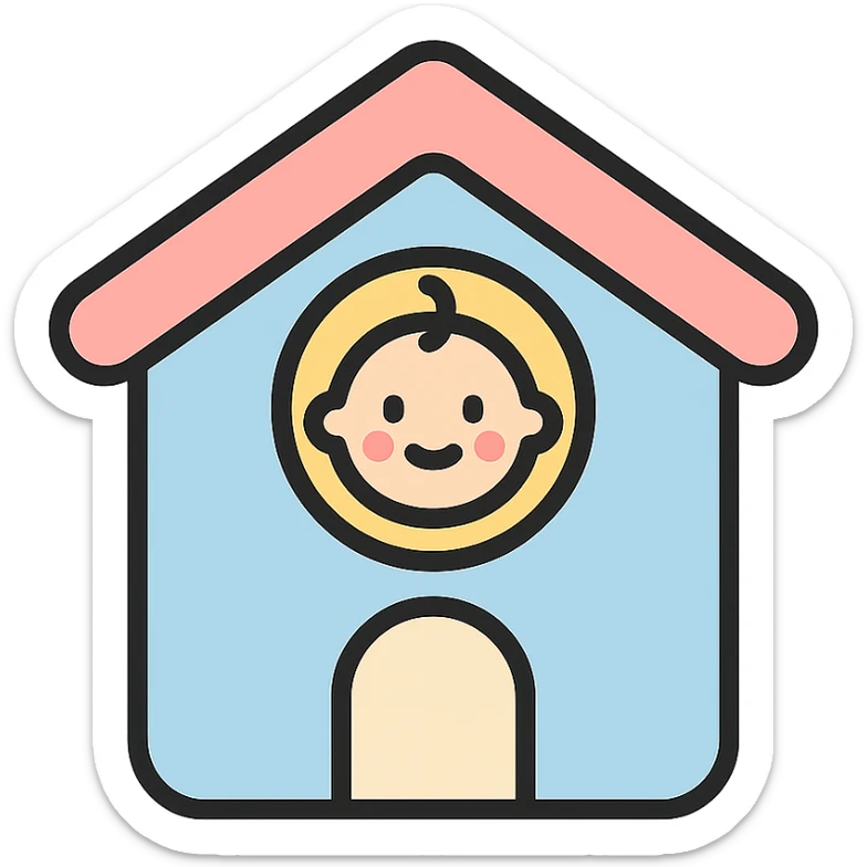 vector icon of a baby house, soft pastel colors, flat design, round edges, white background, modern icon style sticker