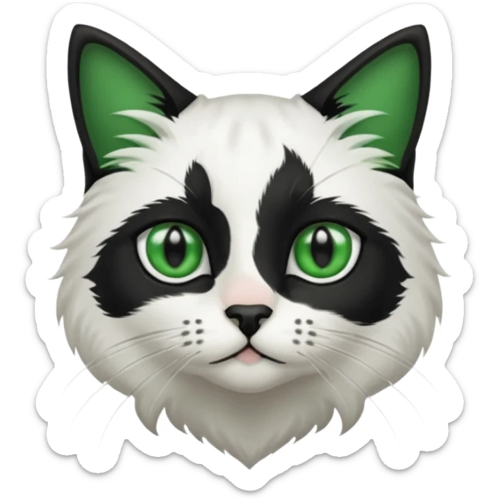 black and white long hair cat. green eyes. black nose. black splotch in the shape of a star near nose (on the right side). sticker
