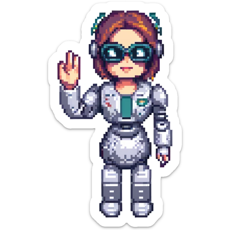 shoulders-up portrait of a cute female recruiter robot, 8-bit pixel art style, metallic, talking, one hand in the air, with glasses sticker