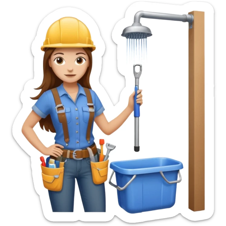 beautiful girl with long brown hair constructing new bathroom area with new shower and amenities  sticker