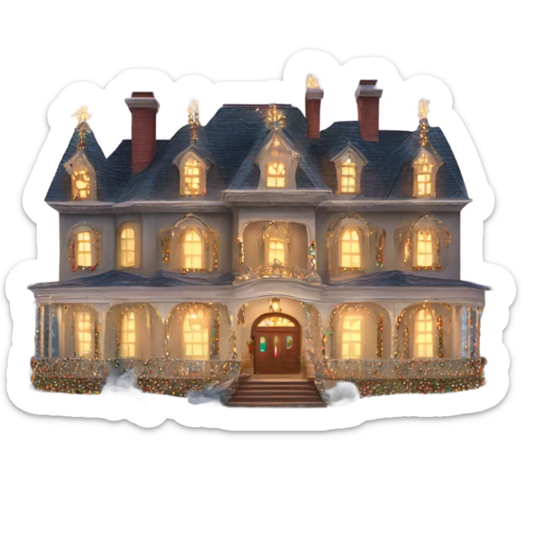 very large mansion overly decorated with lots of fancy Christmas lights and lots of Fancy christmas decorations sticker