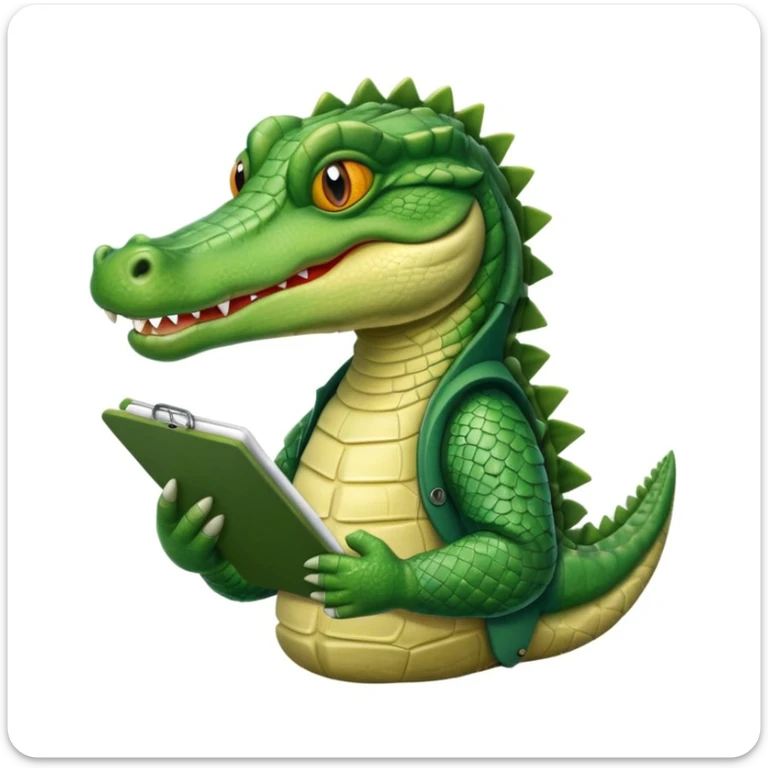 A 1980s style image of a gator with a clipboard and a pencil, offwhite background sticker