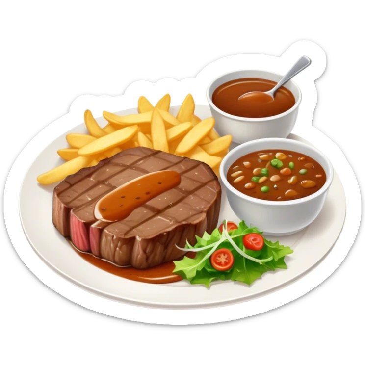 big juicy australian steak meal featuring chips, small salad in a ramikan and gravy in a small bowl on the plate sticker