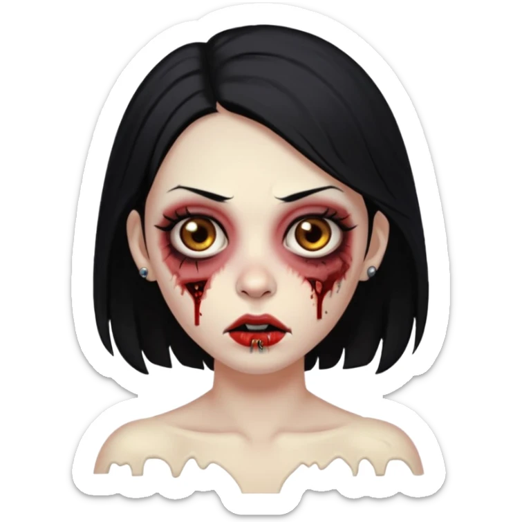Make an emoji of a zombie woman with black hair, almond-shaped brown eyes and a labret piercing on her left lip. sticker