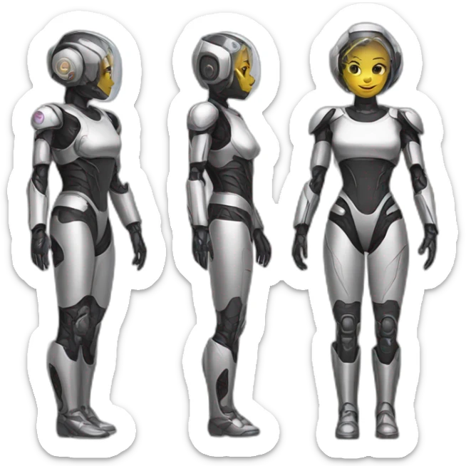 Create an full body emoji of a futuristic half-human and half-robot pin-up sticker